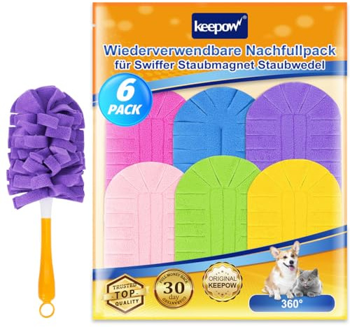 KEEPOW Set med 6 uppgraderade påfyllningar för Swiffer dammfjäder, superabsorberande mikrofiber, kompatibel med Swiffer Duster Catcher, tvättbar 100+ gånger | Återanvändbar för Swiffer Dammmagnet påfyllningspaket, superabsorberande, 5× rengöringskraft, för Swiffer teleskopstång