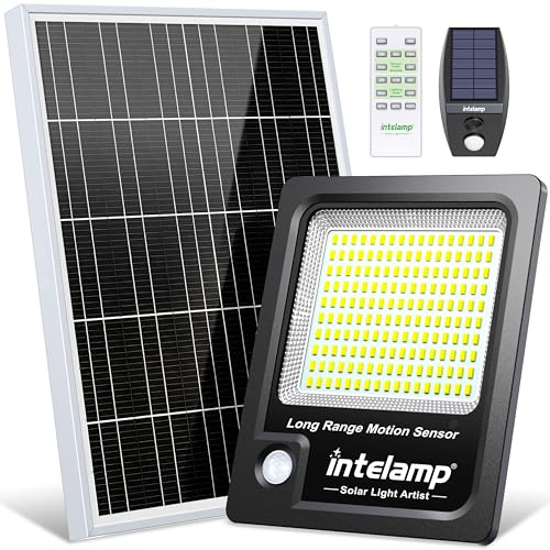 intelamp Foco LED Solar Exterior 2000LM Alta Luminosidad, 12000mAh Gran Capacidad, Color Negro, Lámpara Solar con Sensor de Movimiento y 3 Modos, Iluminación de Seguridad para Jardín y Terraza