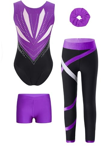 inhzoy Gymnastikdräkt för flickor, kort och lång ärmlöst färgblock, tröja, leggings, shorts och hårsnoddsset, gymnastik, danskläder, violett, 134-140