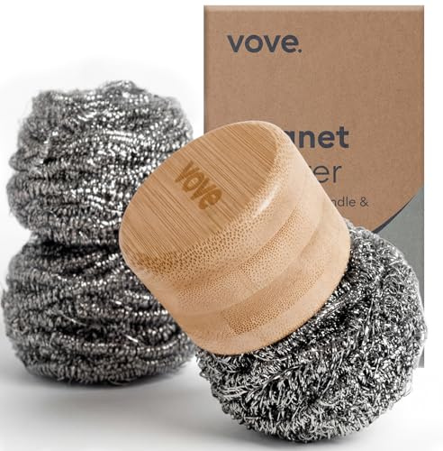 Vove Brosse magnétique de qualité supérieure avec poignée en bambou – Éponge à récurer en laine d'acier pour casseroles, poêles et bouteilles – Nettoyant de cuisine robuste avec 3 tampons en acier