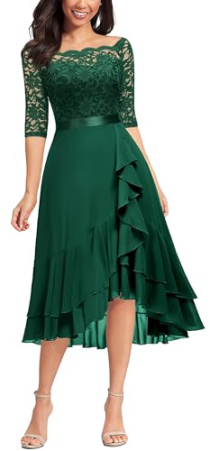 MIUSOL Women's Elegant Lace Chiffon 2/3 Sleeve Off-Shoulder Cocktail Ball Bridesmaid Patry Swing Midi Dress (X-Large, Double Hem-Dark Green)