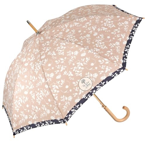 PERLETTI GREEN Paraguas Largo Clásico para Mujer Sostenible Automático - Mango de Madera Natural Biodegradable - Paraguas Antiviento Resistente Grande Ecológico con Tejido Reciclado (Flor Blanca)