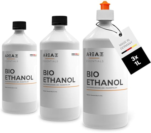 Area52 – Bioethanol 3x1L Set Ethanol – Reiner Ethylalkohol mit 96,6% Reinheitsgrad – Für Ethanolkamine, Tischkamine & Bioethanol-Feuerstellen – Geruchslos & rußfrei – Für Indoor & Outdoor (3 x 1L)