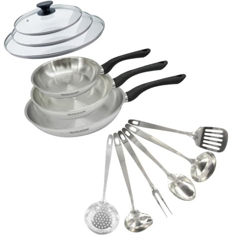 Fackelmann 9445950 Lot de 3 poêles de 20, 24 et 28 cm en acier inoxydable 18/8, 2 couvercles en verre et 6 ustensiles de cuisine, poêle pour tous types de feux, poêle à induction, poêle sans PFAS