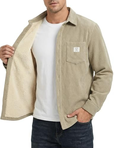 ZAFUL Men's Long Sleeve Corduroy Shacket Shirt Fleece Lined Button Closure Casual Chest Pocket Jacket Top Light Coffee XL