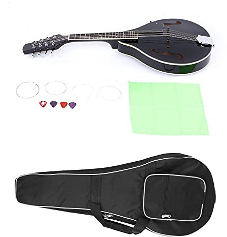 AOWINHIT 8-String Black Mandolin Instrument with Bag, Strings, Wipe, Tuner, Picks, Screw Stable Sound Quality for Music Enthusiasts (Black)