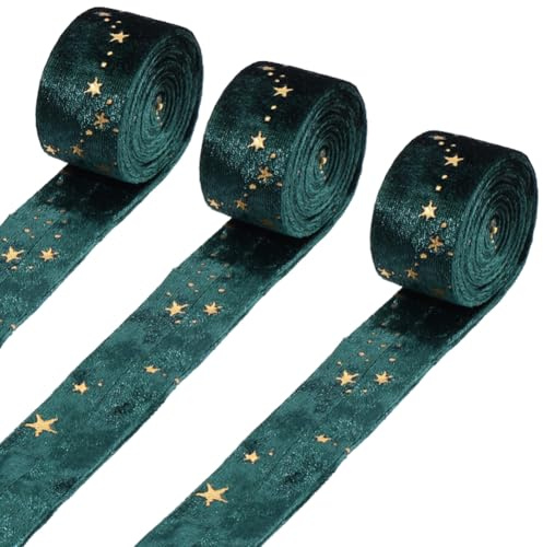 GORGECRAFT 3 m grön stjärna sammetsband jul metalliska guldstjärnor dubbelsidiga trimdekoration 25 mm brett glänsande palett tyg sömnadsband trim för gör-det-själv hantverk rosett träd