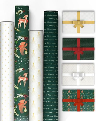 Kraft & Co Christmas Wrapping Paper Rolls - 4 Pack Thick Sheets 69cm x 8M, Kraft Xmas Gift Wrap, Festive Eco-Friendly Wrapping Paper for Christmas Gifts Wrap, Arts & Craft, 32M Total