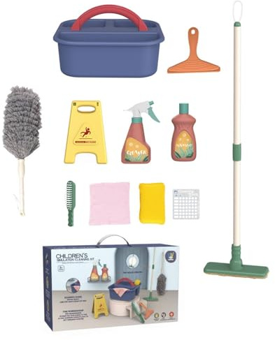 FytStycale Set de Nettoyage pour Enfants Jouet Balai Serpillière Pelle Trousseau de Ménage Simulation Bouteille à Eau Rechargeable et Plumeau Adapté aux Jeux de , Boîte Scellée 11 Pièces