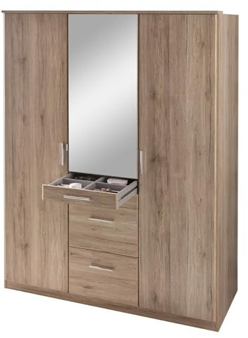 Calicosy Armoire 3 Portes Dont 1 Miroir et 4 Tiroirs - Panneaux de Particules - Rangement Pratique - Style Contemporain - pour Chambre- L135 x l58 x H199 cm