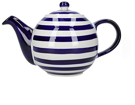 London Pottery Out of The Blue Globe Teapot with Strainer, Stoneware, Navy Blue Stripe Design, 4 Cup (900 ml)