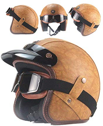 Jet-Helm Herren Retro Cruiser Biker Motorrad-Helm mit Schutz-Brille, Erwachsene Jethelm Vintage Handgefertigte Leder Scooter-Helm Roller Motocrosshelm für Männer Damen, Klassisches Braun (M)