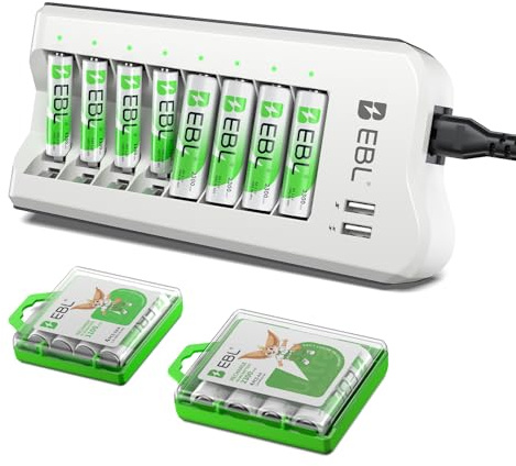 EBL AA 2300mAh (8 Pack) and AAA 1100mAh (8 Pack) Ni-MH Rechargeable Batteries and AA AAA Rechargeable Battery Charger with 2 USB Charging Ports