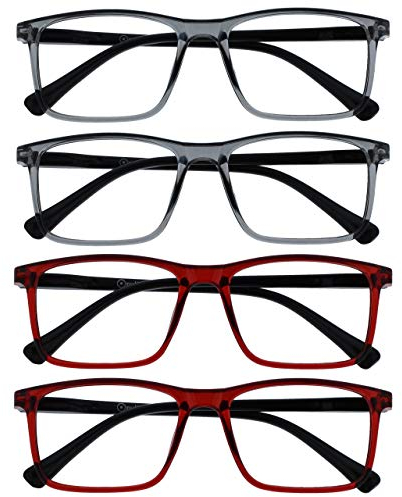 OPULIZE Ink Lessebrille 4er Pack Groß Rechteckig Rahmen Federscharniere Kratzfest Grau Rot Herren Damen RRRR4-77ZZ +1.50