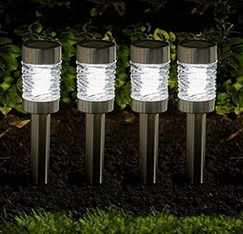 Garden Mile 4pc Martini Solar Stake Lights Durable Stainless Steel Garden Lights Solar Powered Waterproof And Rust Resistant Driveway And Pathway Lighting Heavy Duty Glass Surround Outdoor Decorations