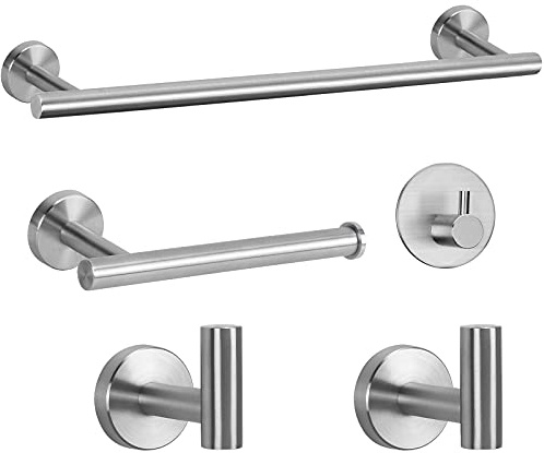 NearMoon Juego de 5 Piezas de Accesorios de baño Sus 304 Grueso Acero Inoxidable Barra de Toalla Incluye Barra de Toalla de 16 Pulgadas+Soporte de Papel higiénico+3 Ganchos multifuncionales