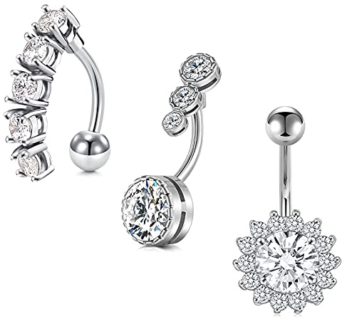 MODRSA 14G Triple CZ Intarsiato Piercing Ombelico Acciaio Chirurgico Donna Inverso Clair CZ 10MM Banana Barbell Piercing