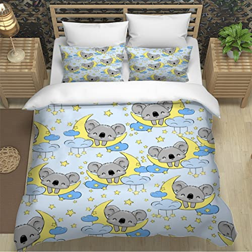 XPINGO Kinder Bettwäsche Süßer Koala 135x200 cm 2teilig Jungen und Mädchen 100% Mikrofaser Sommer Weiche Winter Warm Bettbezüge 3D Sterne Mond Bettbezug mit Kissenbezüge 80x80 cm