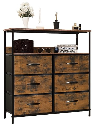 LYNCOHOME Kommode mit Schubladen aus Stoff, Sideboard Flur Schrank mit 6 Stoffschubladen und Fächern, Schubladenschrank Ordnungsmöbel für Küche Büro Bedroom