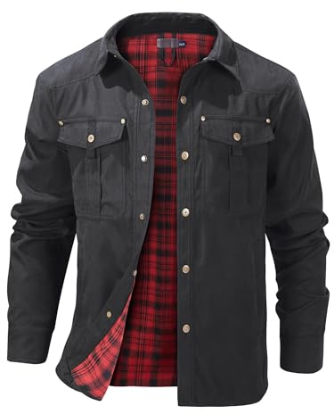 Mr.Stream Veste à Carreaux en Flanelle Pour Homme - Mi-Saison, Col Montant Léger, Cargo, Automne - Snap Western Cowboy, Noir, XL