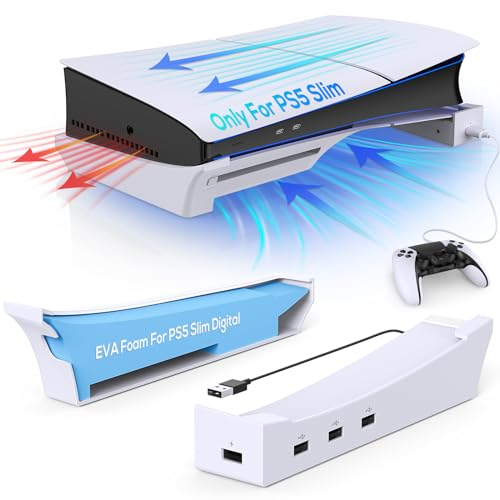 Gorixer Soporte horizontal para consola PS5 Slim/Pro con concentrador, soporte de soporte, accesorio compatible con Playstation 5 Slim/Pro Disc & Digital, 1 carga rápida y 3 puertos USB 2.0 de