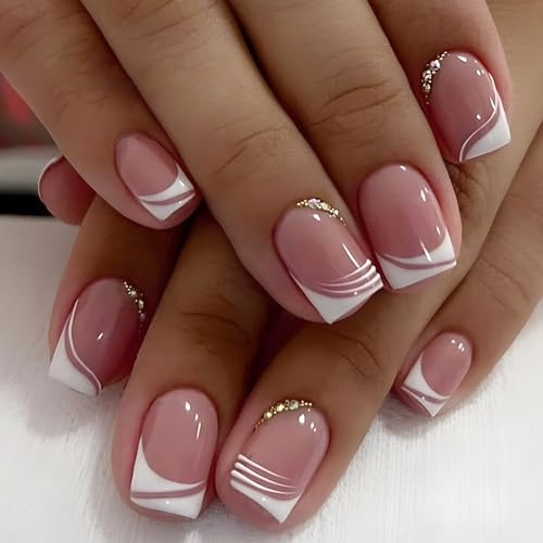 24 Pièces Faux Ongles Court Carrés, Nude Rose Français Artificiels Ongles à Coller avec Strass, Ballerine Acrylique Couverture Complète Capsules Ongles Press on Nails pour Femmes et Filles