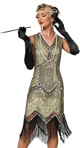 ArtiDeco 1920-talsklänning med fransar, pärlor och paljetter, ”flapper”, det vilda 20-talet, finklänning, Gatsby-utklädnad, vintagestil, aftonklänning, XXL