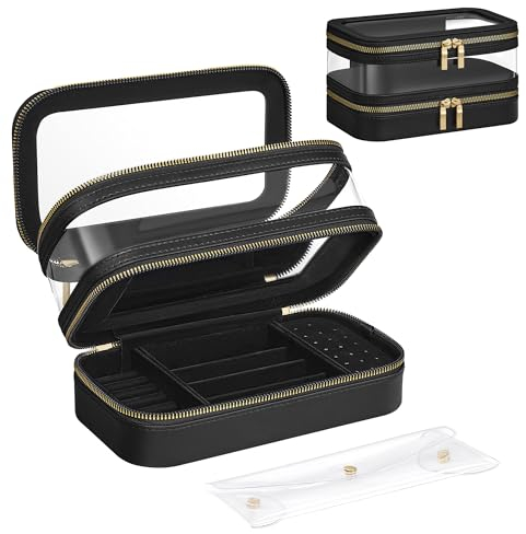 SONGMICS Make-up Tasche, Schminktasche mit Schmuckkästchen, Kosmetik-Organizer Tasche, für Reise, extra Pinseltasche, Sichtfenster, Spiegel, 22 x 12 x 12 cm, Geschenkidee, tintenschwarz JKA026B01