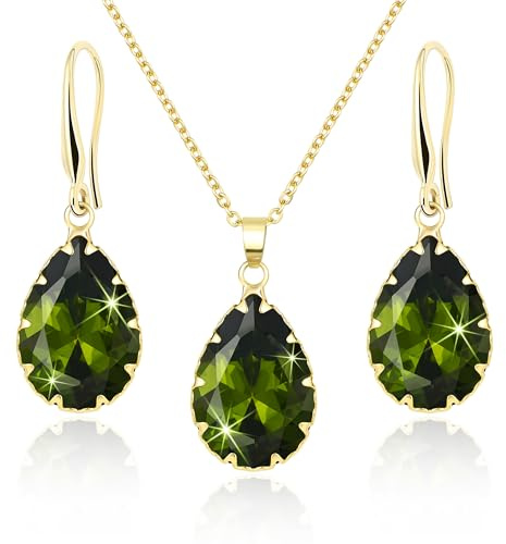 Linawe Peridot Grün Ohrringe Set Halskette Schmucksets für Damen, Goldkette Anhänger Kette Gold, Kettenanhänger Damenohrringe Schmuck Set Jewelry, Goldschmuck Goldene Kette Set