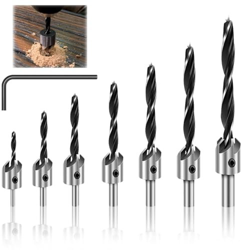 VZXZXE 7 brocas con avellanador 3, 4, 5, 6, 7, 8, 10 mm, juego de brocas para carpintería, avellanadores con tope de profundidad, juego de avellanadores cónicos