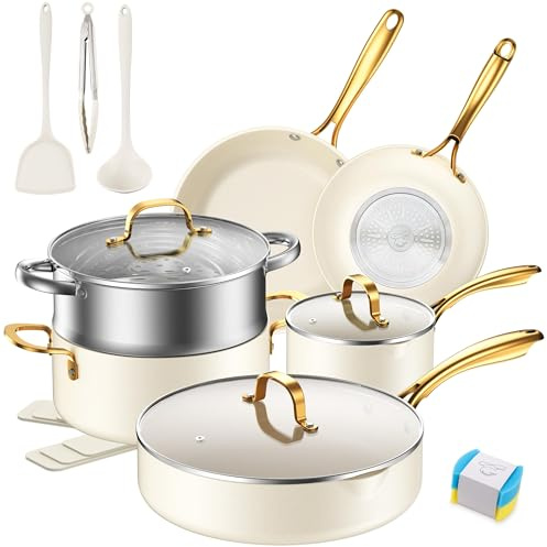 PekGema Ceramic Cookware Set 15-Pieces, Pots and Pans Set Non Stick, Oven Safe Non Toxic, Kitchen Cookware Set, PFOA PTFE FREE, Gold White