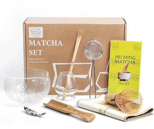 HEI MING Matcha Set hat 8 Teile, Zeremonielles Matcha Tee Set, Glas Matcha Schale und handgemachter Matcha Schneebesen
