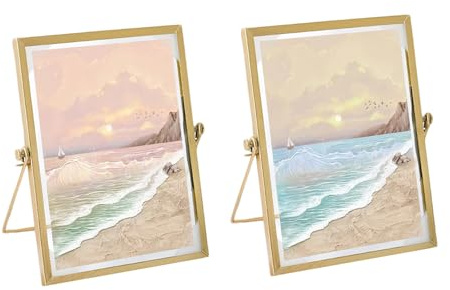 Marco de Fotos Vertical, 2 Pcs Marco Geometrico, Marco de Fotos de Cristal, Marco Flotante de Cristal para Fotos, Flor, Planta, Muestra, Retrato, Pósteres, Certificado, 15*15*7cm (Dorado, Dorado)