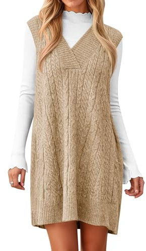 Cicy Bell Womens Oversized Sweater Vest Dress V Neck Sleeveless Fall Trendy Casual Knit Cable Mini Dresses Khaki