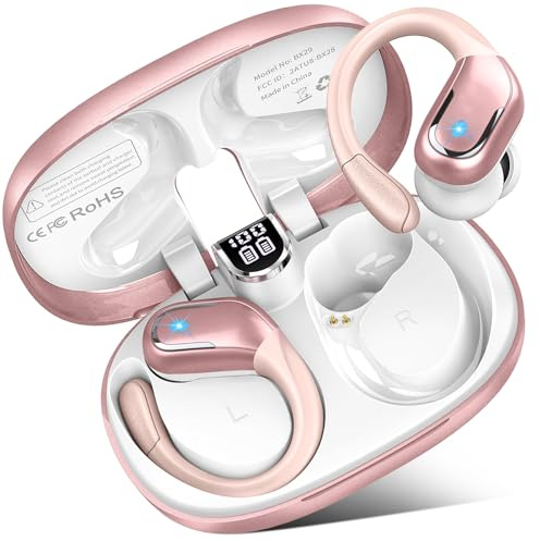 Wireless Earbuds, Bluetooth 5.4 Headphones Sport, 75H Hi-Fi Stereo Wireless Earphones with 4 ENC Noise Canceling Mic, IPX8 Waterproof Ear Buds with Earhooks, LED Display Bluetooth Earbuds, Rose Gold