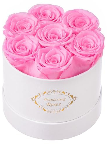 Rosas preservadas de larga duración en una caja que duran un año para siempre, flores para su madre, esposa, aniversario, cumpleaños (caja blanca redonda, rosa claro)