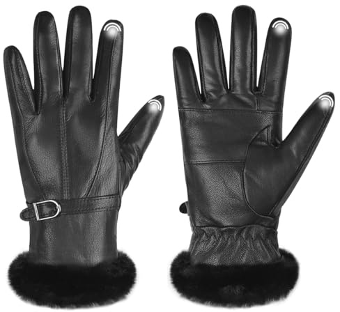 Harssidanzar Guanti da donna in pelle con touchscreen adatti all'inverno, fodera termica SL022EU,Nero M