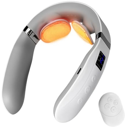Prettypum Neck Massager with Heat, Ultra-Lightweight Electric Pulse Device for Neck Relaxation, Cordless Mini Smart Massager for Soothing Stiff Muscles, for Home, Office and Travel