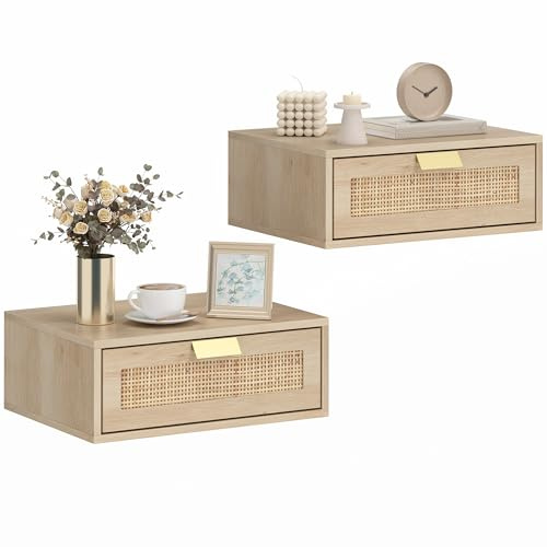 HOMCOM Juego de 2 Mesitas de Noche Flotantes, Mesillas de Noche Dormitorio con Cajón de Ratán, Ahorra Espacio, Diseño Nórdico, para Sala de Estar, 40x30x15 cm, Roble