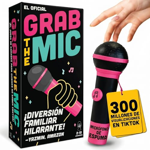 Grab The Mic (First Edition) – Juego De Mesa De Karaoke Familiar para Malos Cantantes - Divertido Juego De Fiesta con Micrófono De Espuma, 240 Letras, 120 Cartas - 2-10 Jugadores - +8 Años