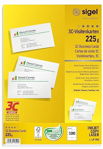 SIGEL LP795 bedruckbare Visitenkarten 3C, 100 Stück (10 Blatt), hochweiß, glatter Schnitt rundum, 225 g, 85x55 mm, aus nachhaltigem Papier