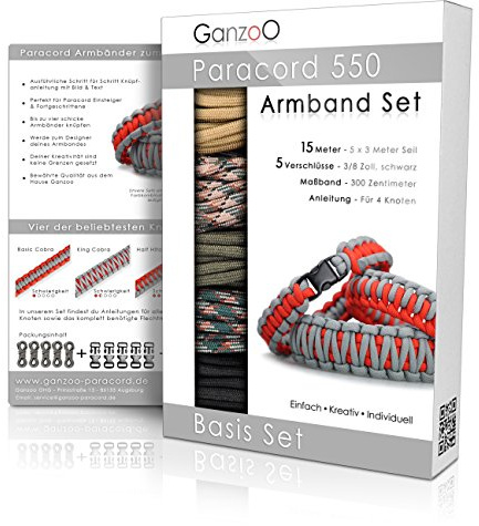 Ganzoo set creativo Paracord 550 per braccialetti fai da te camo, 5 corde 3m e 5 chiusure a scatto in plastica, per intrecciare bracciali, lacci, manici, tirazip e accessori per attivita