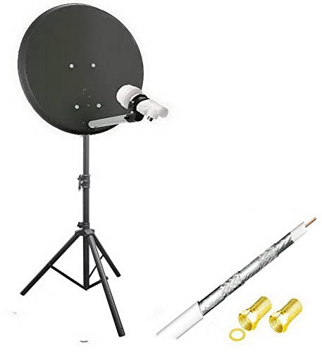 Mini chaîne satellite 42cm avec trépied 1,5m - Antenne haute performance 42cm 0,1dB - Super LNB + kit de connexion [10m câble coaxial 120dB - 2 connecteurs] - Pour voyage camping maison, 1 connexion