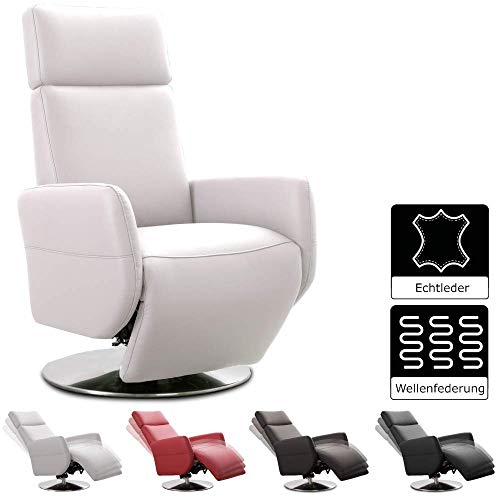 Cavadore TV-Sessel Cobra / Fernsehsessel mit Liegefunktion, Relaxfunktion / Stufenlos verstellbar / Ergonomie L / Belastbar bis 130 kg / 71 x 112 x 82 / Echtleder Weiß