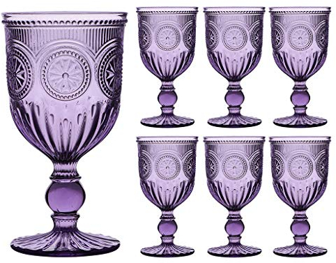Dibor Set of 6 Wine Glasses Purple Embossed Lavender 300ml Wine Goblets
