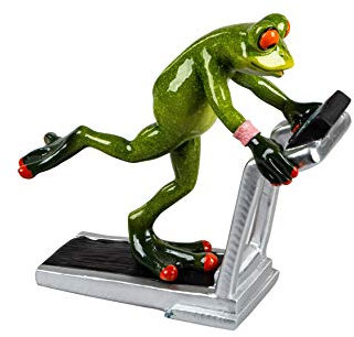 dekojohnson lustiger Frosch auf dem Laufband Deko-Frosch-Figur Fitness-Frosch Sportler-Frosch Tierfigur trendig witzig Kröte Lurch grasgrün 16x15cm