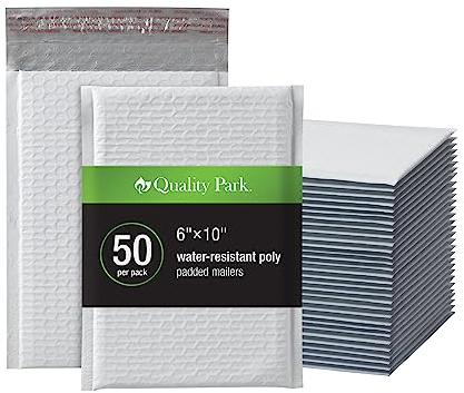Quality Park Bubble Mailers, 6 x 9 Inch, White Poly Mailers, Padded Envelopes, Shipping Envelopes, Water Resistant, Self Seal, 50 Per Box (QUA85856), Plastic