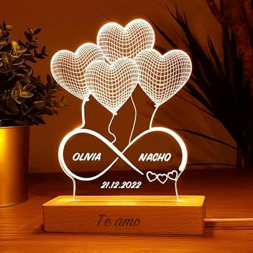 Transparent Gift Lámpara Personalizada con Nombres y Fecha Infinito Corazones. Lámparas Personalizadas con Luz LED. Regalos para Parejas. Regalos Personalizados para San Valentín. Regalos para Bodas