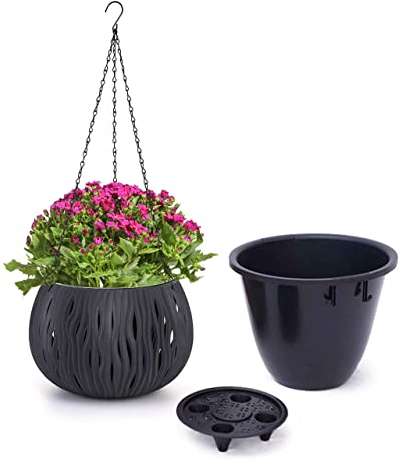 Moollyfox Fioriera da esterni, diametro 25 cm, da appendere con catene, in plastica, per esterni, con foro di scarico, per interni ed esterni, piante sospese