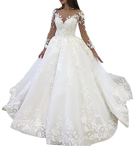 HEULORIA Robe de Mariée Princesse Dentelle Manches Longues BA-VL-0627 | Corsage cœur avec encolure illusion, tulle et appliqués de dentelle, dos lacé, traîne env. 50 cm, soutien-gorge intégré.